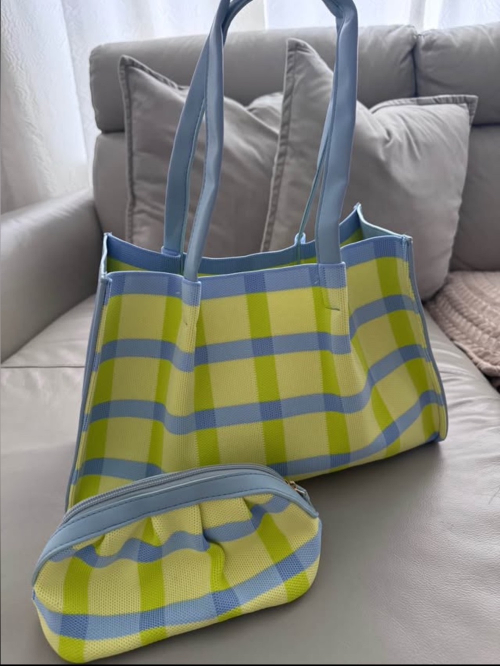 Neiman Marcus Check Plaid Cotton Canvas Medium Tote Bag Purse